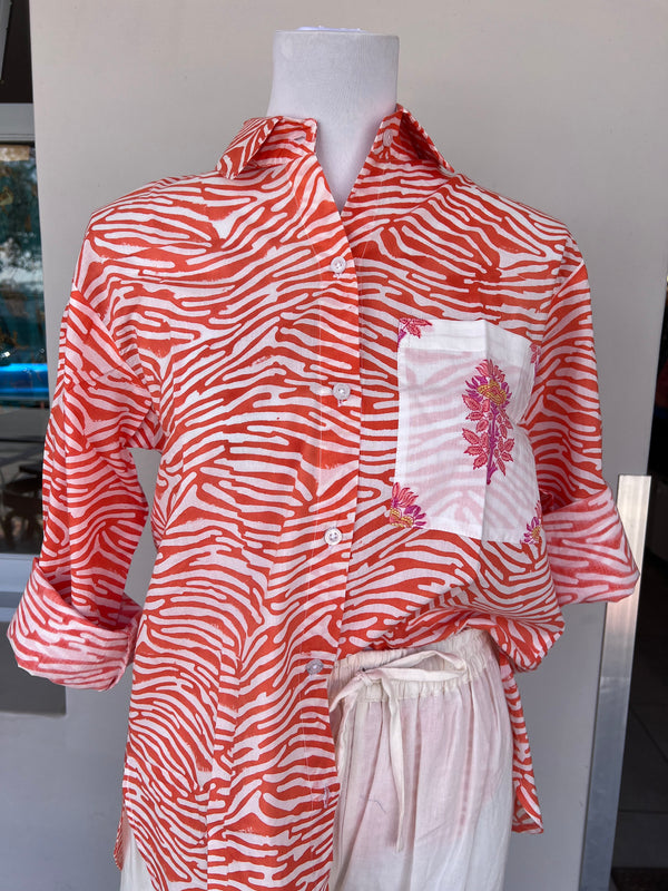Orange Stripe Ladies Cotton Oversize Shirt